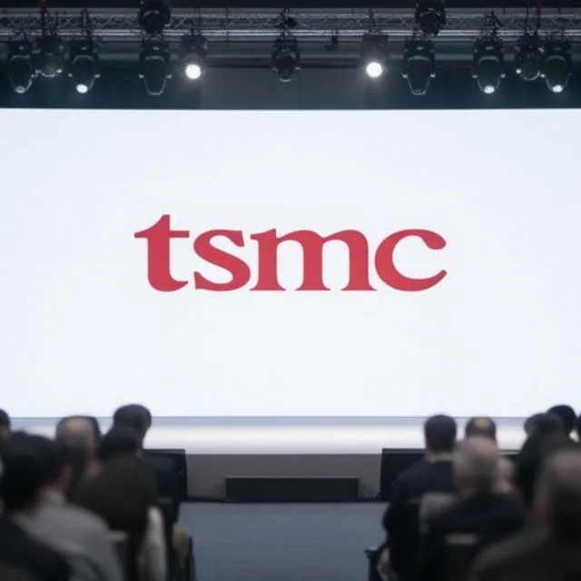 Logo TSMC pe un ecran mare, în fața unui public atent.