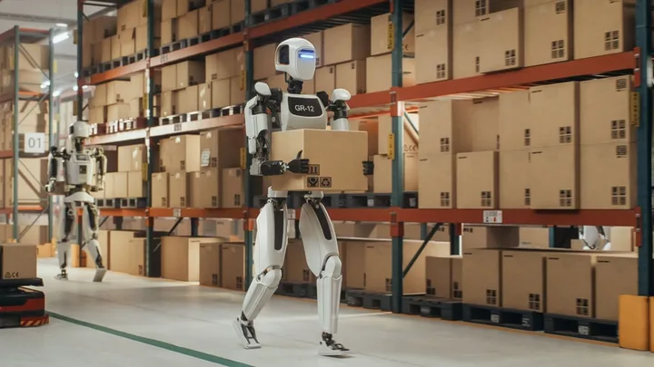 Robot umanoid transportând cutii într-un depozit organizat.