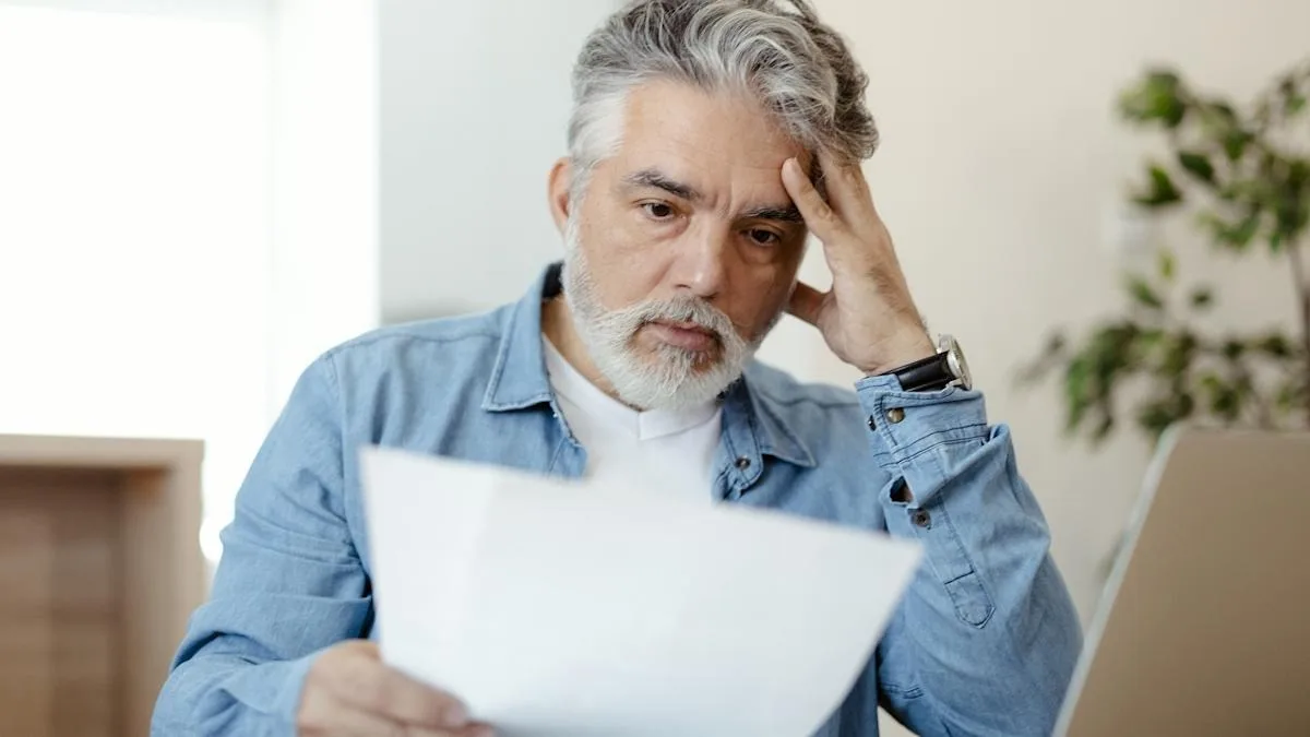 Un bărbat îngrijorat citind o factură, surprins de costuri neașteptate.