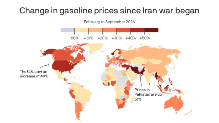Harta care ilustrează creșterea prețurilor la carburanți din cauza războiului din Iran.