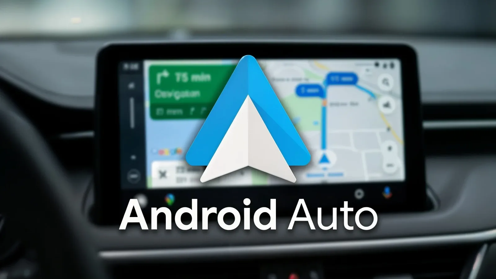 Interfața Android Auto pe un ecran de mașină, cu hărți și indicații de navigare.