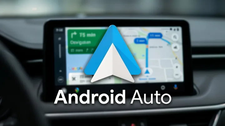 Interfața Android Auto pe un ecran de mașină, cu hărți și indicații de navigare.