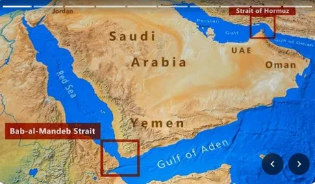 Hartă a strâmtorilor Ormuz și Bab el-Mandeb, evidențiind rutele maritime strategice.