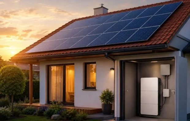 Casă cu panouri solare și sistem de stocare a energiei.
