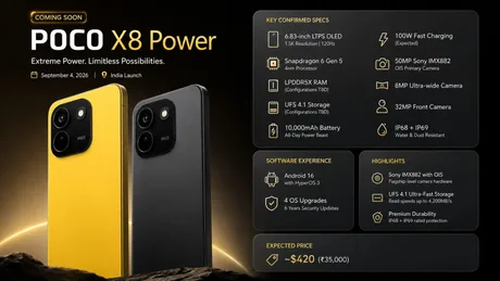 Poco X8 Power cu baterie de 10.000 mAh și design elegant, disponibil în culori variate.