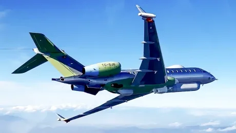Avionul HAVA SOJ în timpul testelor de zbor, cu echipamente de bruiaj vizibile.