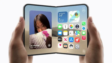iPhone Duo pliabil cu ecrane mari și interfață adaptată.
