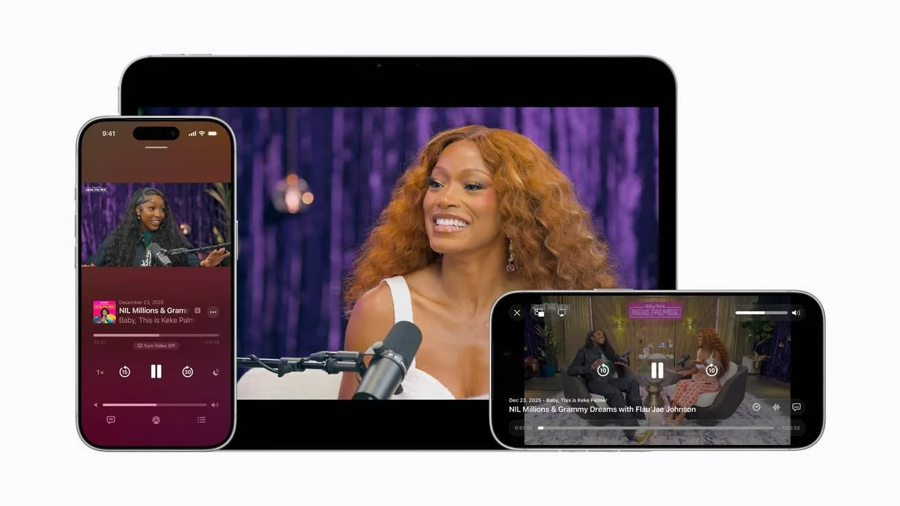 Interfața aplicației Apple Podcasts cu suport video pe diverse dispozitive.