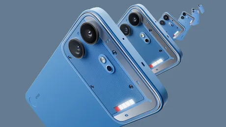 Designul Nothing Phone (4b) cu un modul foto mare și finisaj texturat.