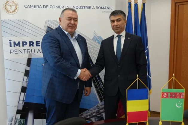 Mihai Daraban și un oficial turkmen discutând despre cooperarea energetică.