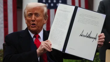 Donald Trump prezentând un document în fața steagurilor americane.