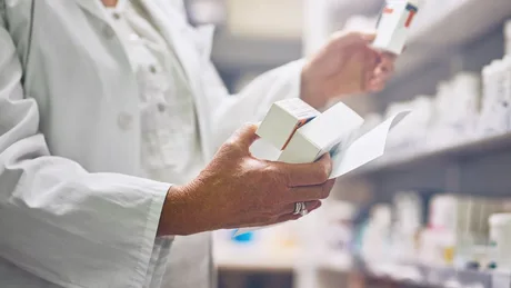 Un farmacist analizează cutii de medicamente într-o farmacie.