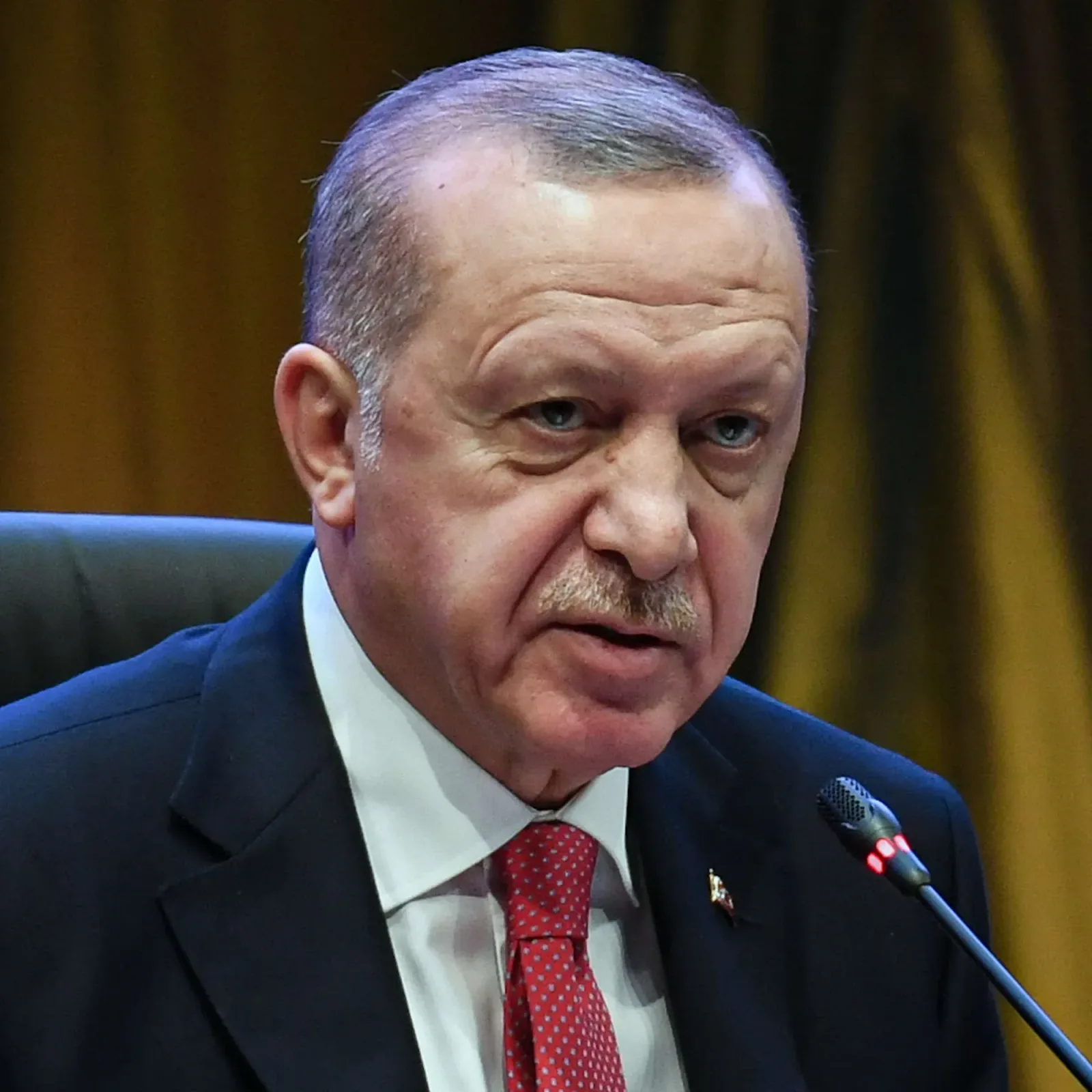 Recep Tayyip Erdogan vorbește la o conferință de presă.