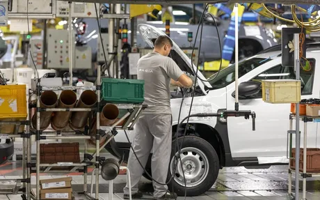 Un angajat la uzina Dacia din Mioveni, lucrând la un vehicul.