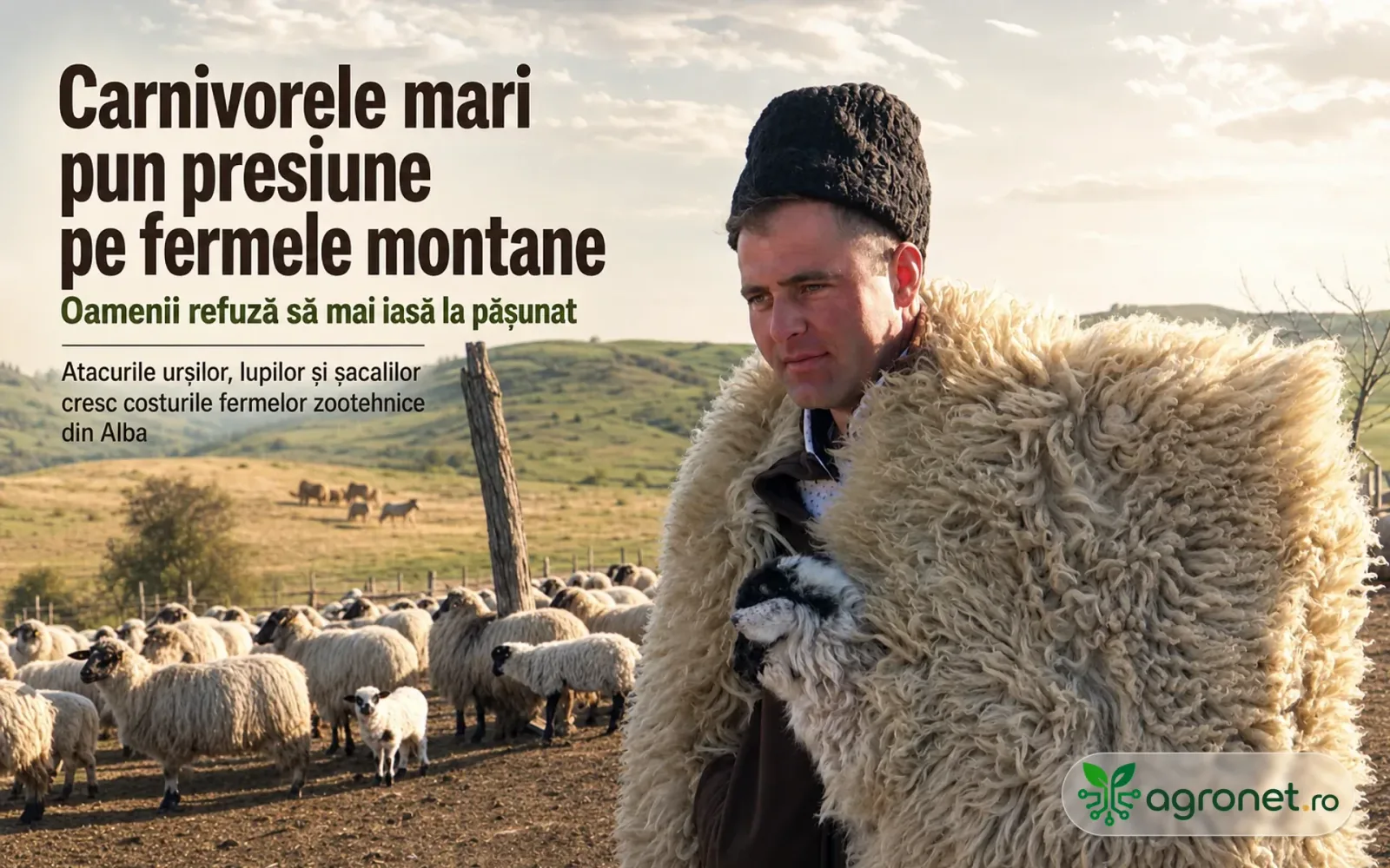 Fermier cu blană de oaie, pășunat cu turmă în peisaj montan.