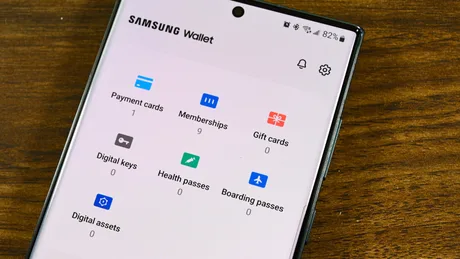 Aplicația Samsung Wallet cu opțiuni pentru chei digitale și plăți.