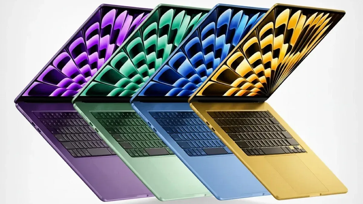Laptopuri Apple în culori vibrante, pregătite pentru lansare.