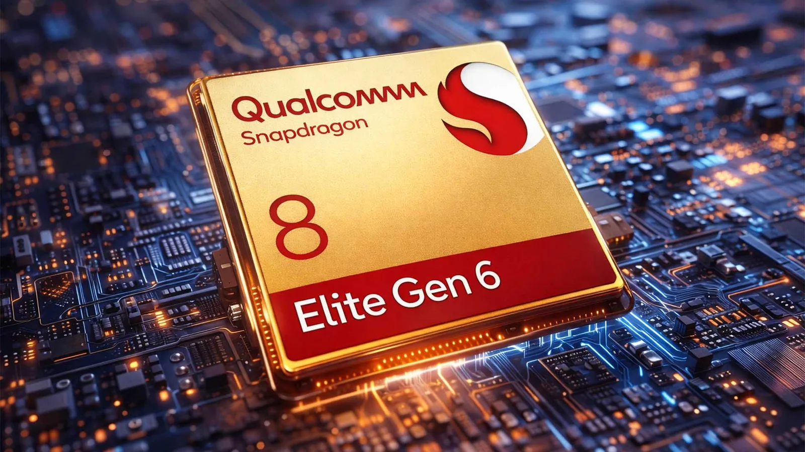 Cip Snapdragon 8 Elite Gen 6 pe un fundal tehnologic complex.