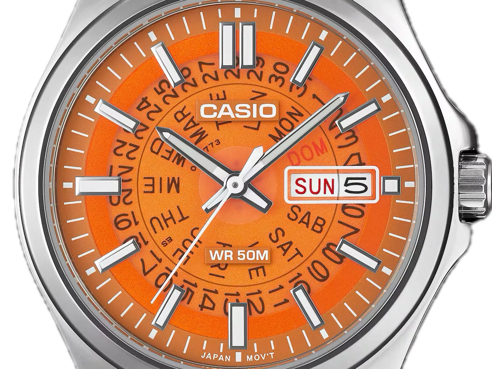 Ceas Casio cu cadran portocaliu și afișaj zi-dată, design modern și accesibil.