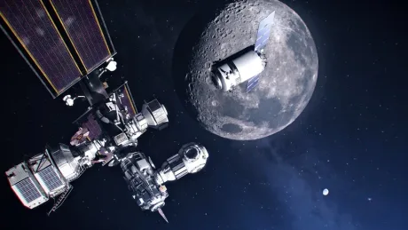 Ilustrație a stației lunare Gateway în orbita Lunii.