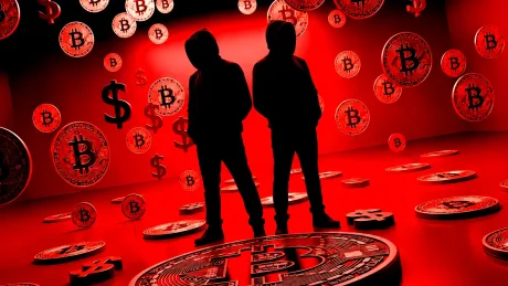 Silhouette de două persoane în fața unui fundal roșu cu simboluri de criptomonedă.