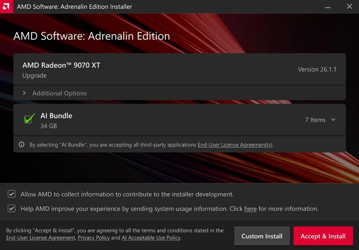 Ecran de instalare pentru AI Bundle în aplicația AMD Adrenalin.