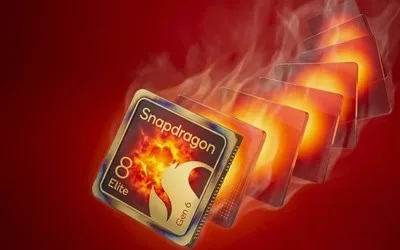 Cip Snapdragon 8 Elite Gen 6 în flăcări, simbolizând probleme de supraîncălzire.