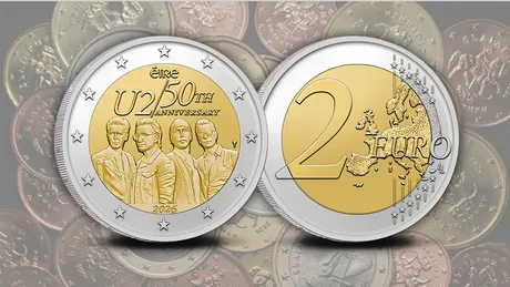 Moneda de 2 euro dedicată trupei U2, ediție limitată, cu portretele membrilor.