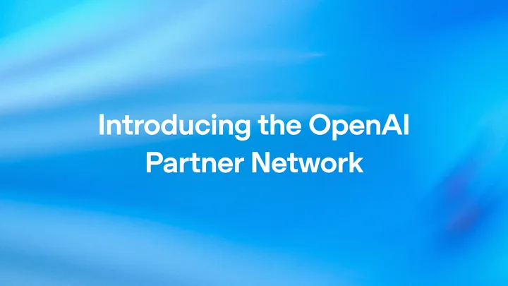 Logo-ul OpenAI Partner Network pe un fundal albastru.