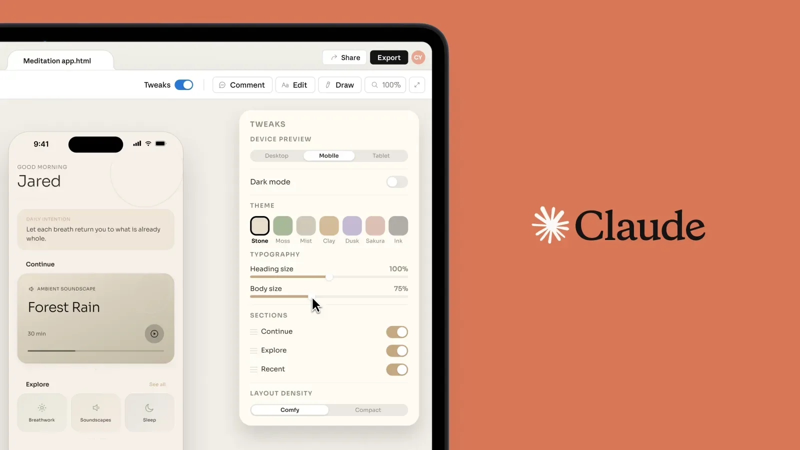 Interfața Claude Design pe Mac, cu opțiuni de personalizare a temelor și layout-ului.