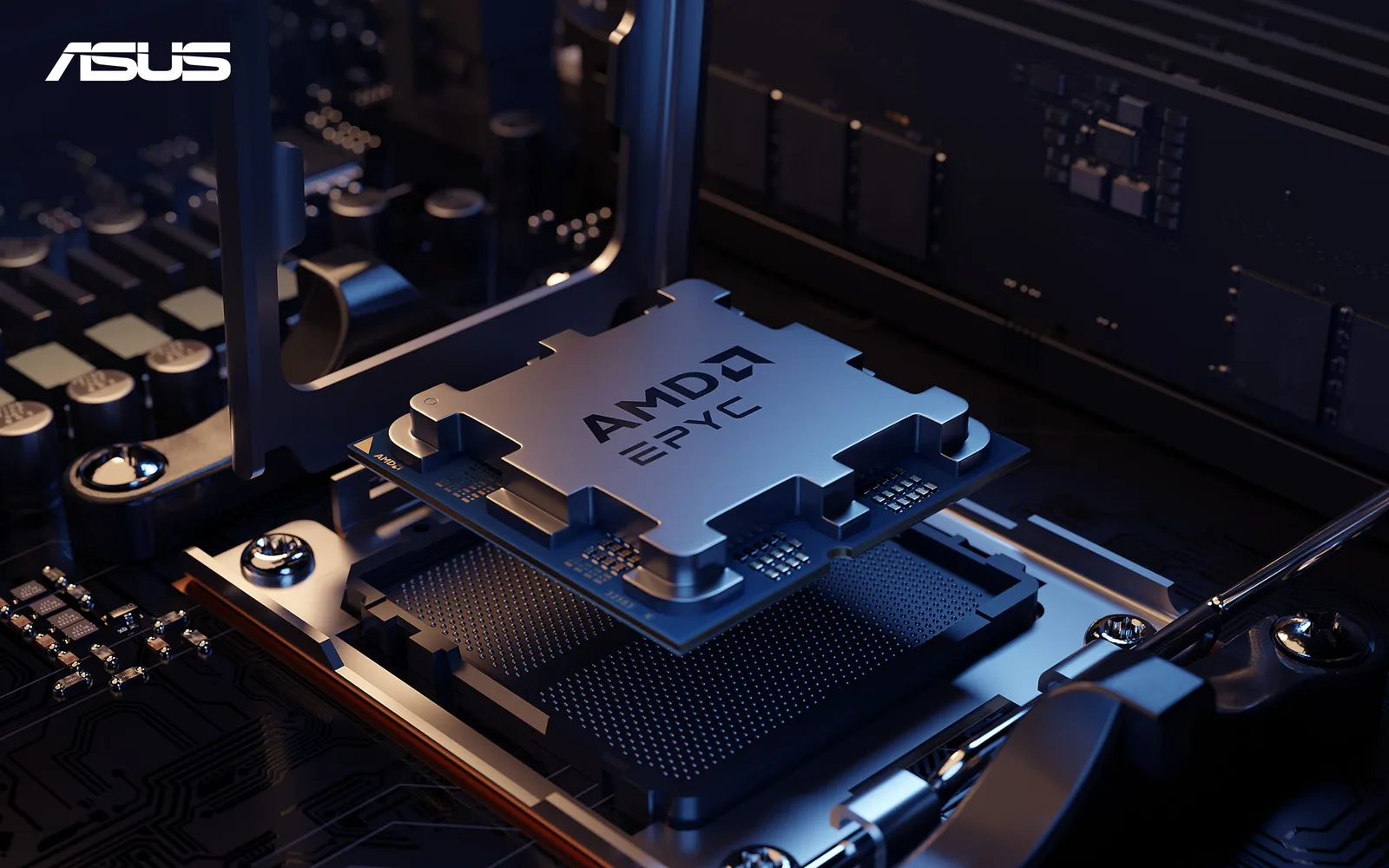 Procesor AMD EPYC montat pe o placă de bază modernă.