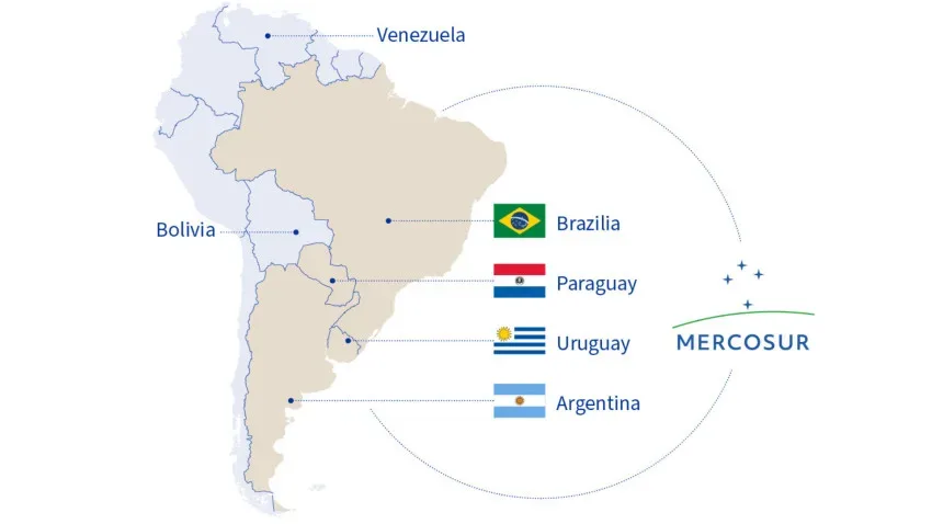 Hartă a țărilor din Mercosur și Uniunea Europeană.