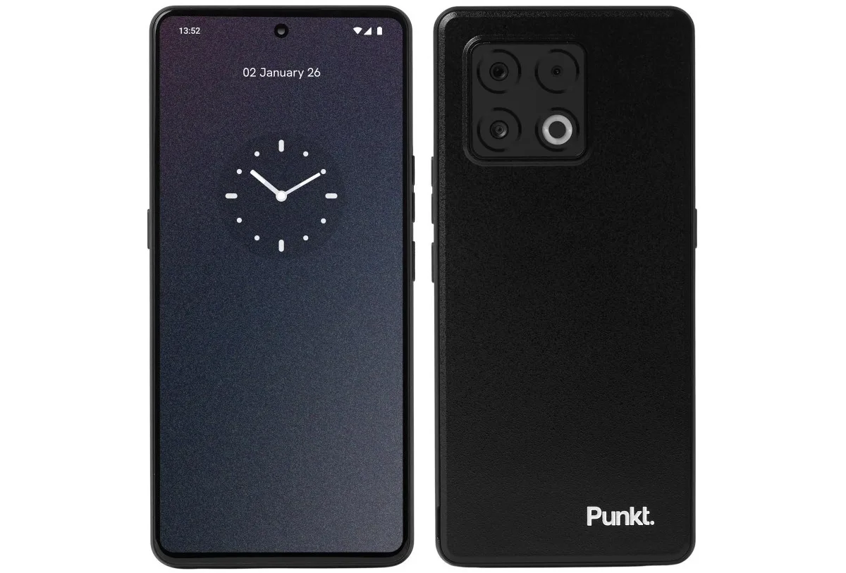 Designul elegant al smartphone-ului MC03, cu cameră și ceas pe ecran.