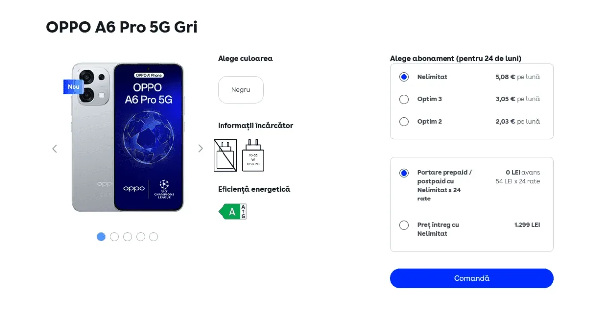 Telefon mobil OPPO A6 Pro 5G cu specificații detaliate și opțiuni de abonament