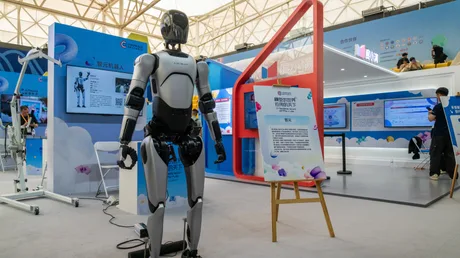 Robot umanoid expus la un eveniment tehnologic din China.