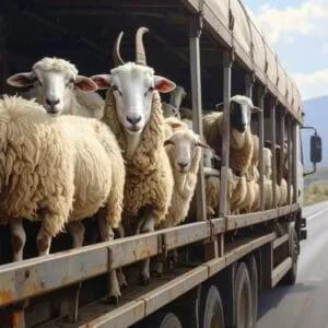 Ovine transportate pe un camion, pregătite pentru export.