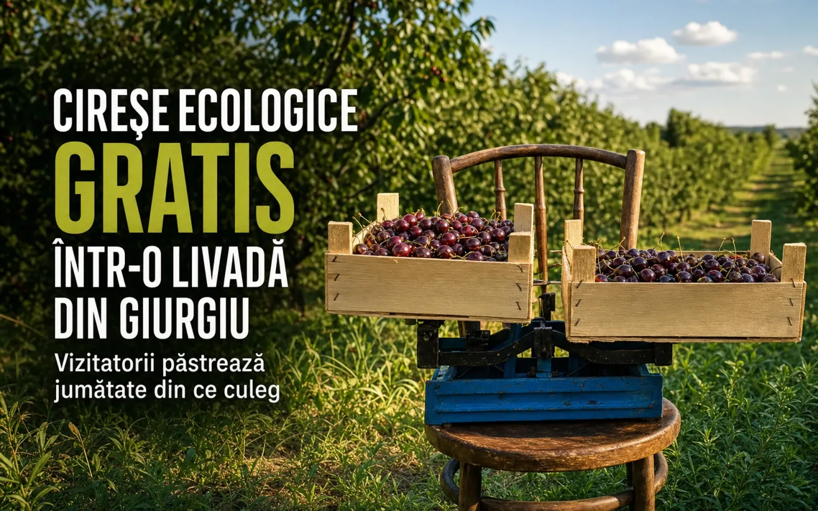 Vizitatori culeg cireșe ecologice într-o livadă din Giurgiu.