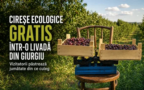 Vizitatori culeg cireșe ecologice într-o livadă din Giurgiu.