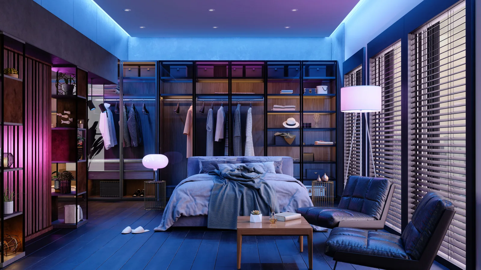 Dormitor modern cu iluminat inteligent și decor elegant.
