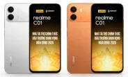Realme C01 în culorile alb și portocaliu, cu specificații de buget.