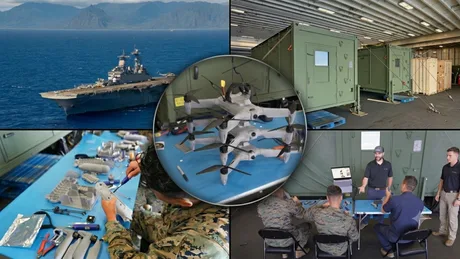 Producția de drone pe mare, asamblate la bordul USS Essex, în timpul unui test logistic.