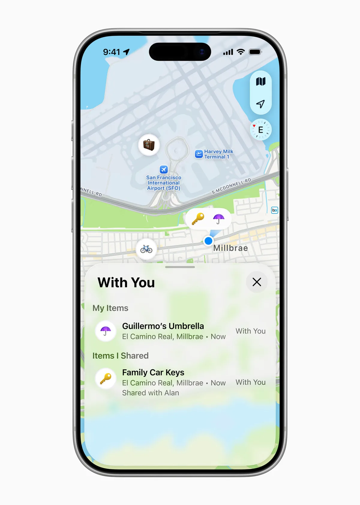 Harta din aplicația Apple arătând obiectele localizate.