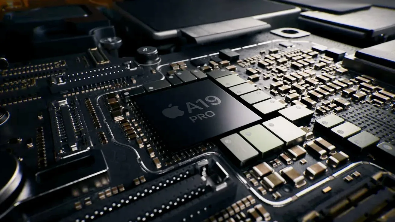 Detaliu al cipului A19 Pro, utilizat în produsele Apple.