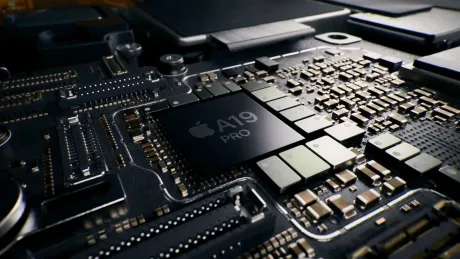 Detaliu al cipului A19 Pro, utilizat în produsele Apple.