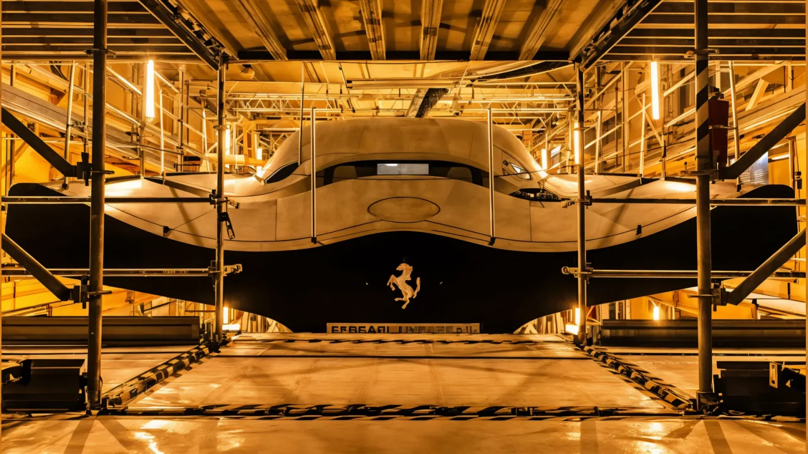 Corpul iahtului Ferrari Hypersail în construcție, evidențiind tehnologia avansată.