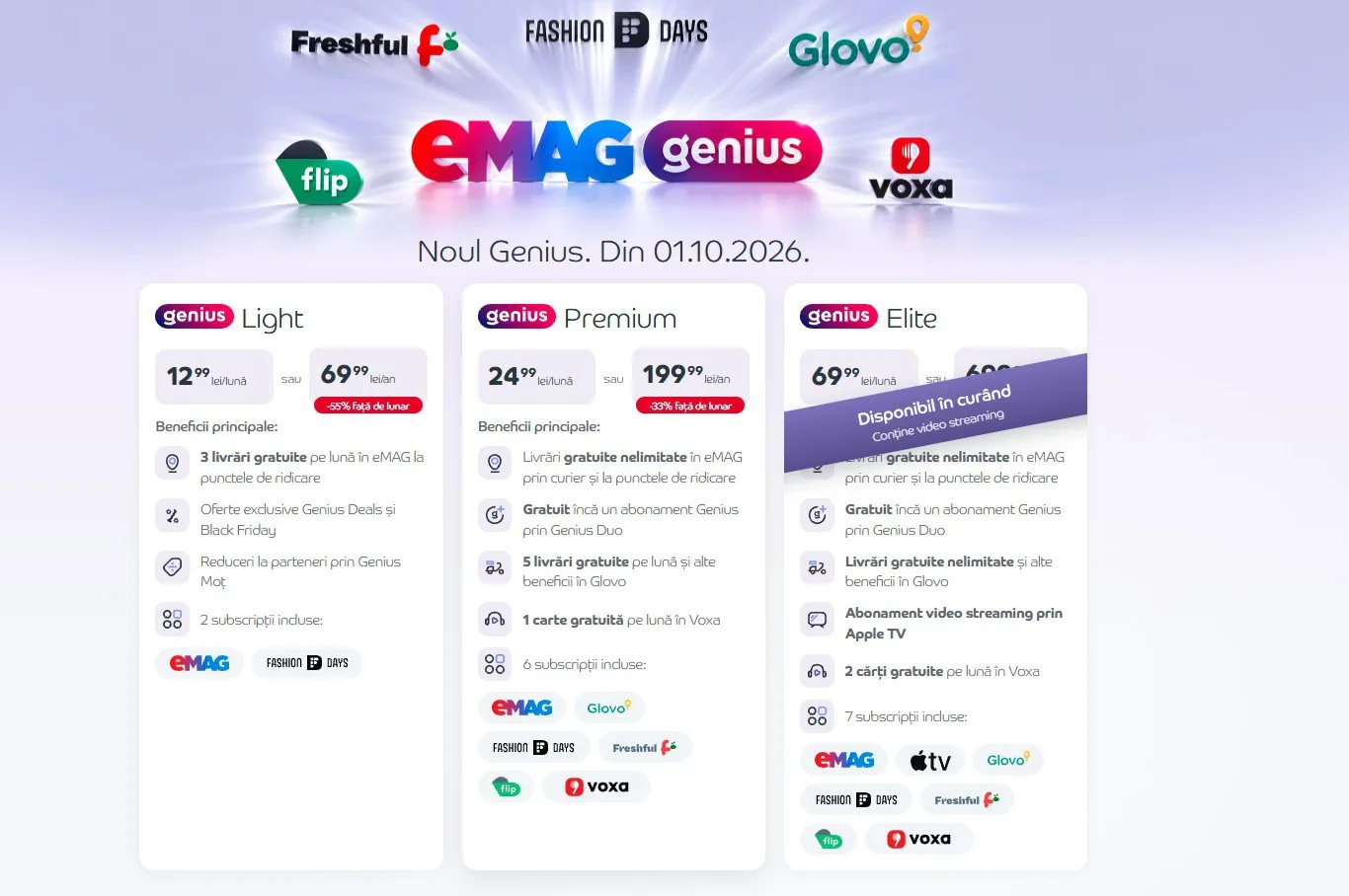 Noua structură a abonamentului Genius de la eMAG, cu trei niveluri distincte.