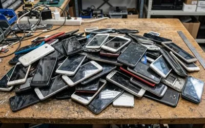 O mulțime de telefoane Pixel vechi, pregătite pentru reutilizare în proiecte educaționale.
