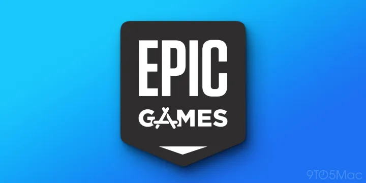 Logo-ul Epic Games pe un fundal albastru.