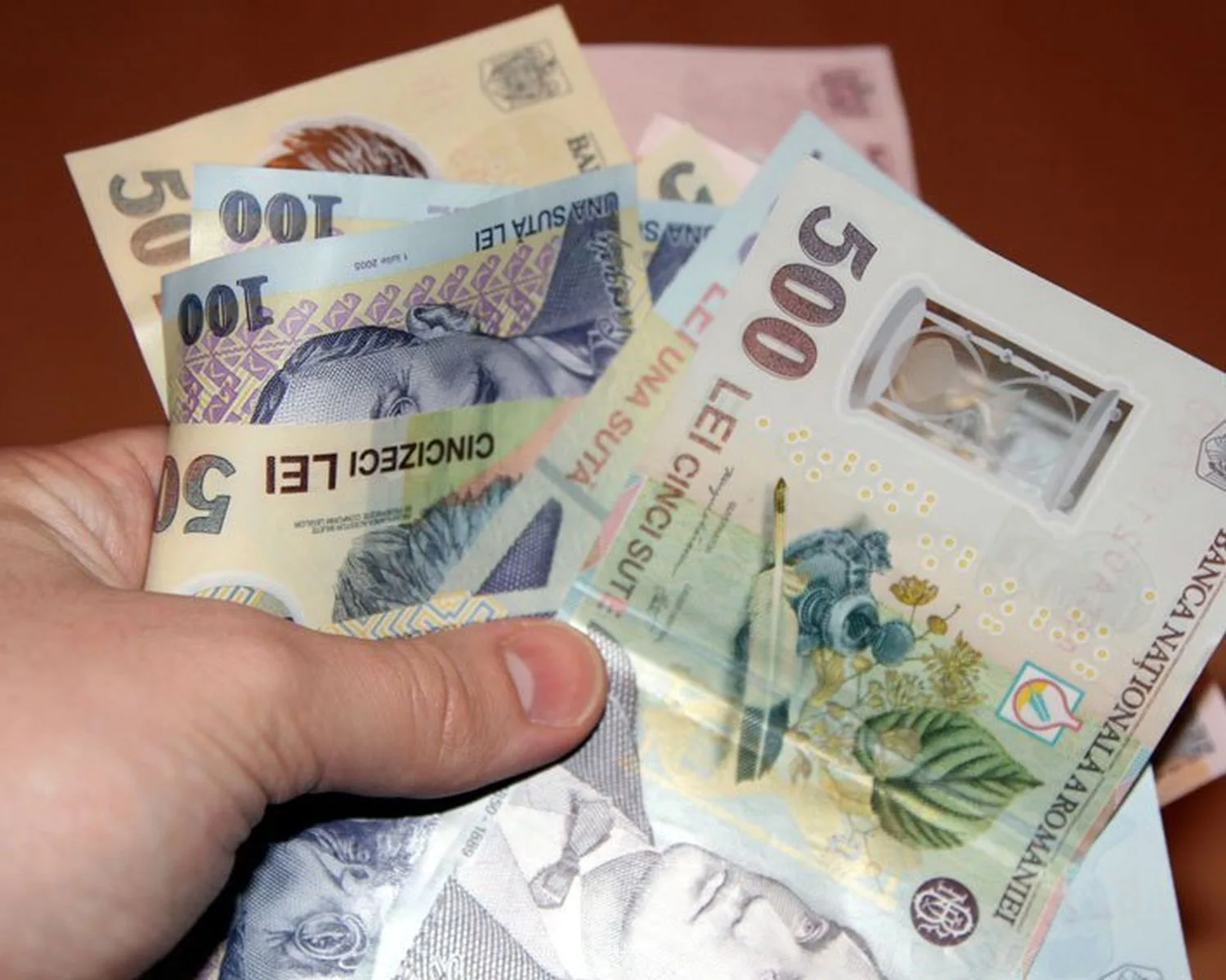 Bancnote românești de diferite valori în mână.