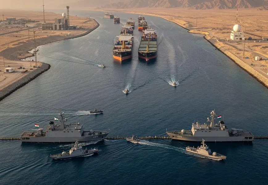 Nave comerciale și militare în Strâmtoarea Ormuz, un punct strategic pentru transportul de petrol.